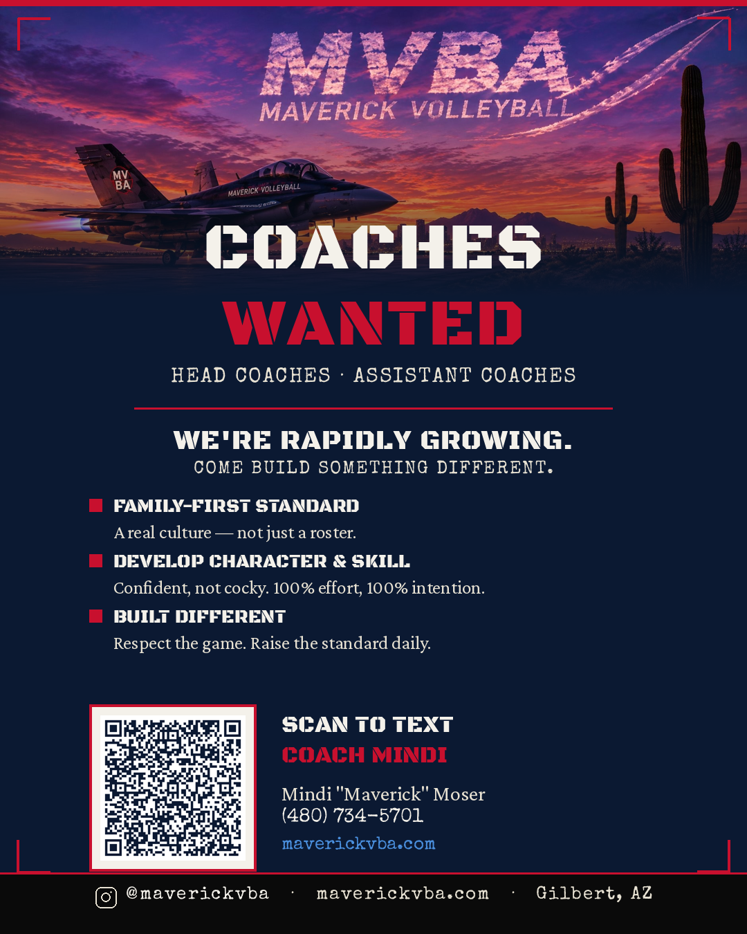 MVBA Coaches Wanted — Head and Assistant Coaches. Text Coach Mindi at (480) 734-5701.
