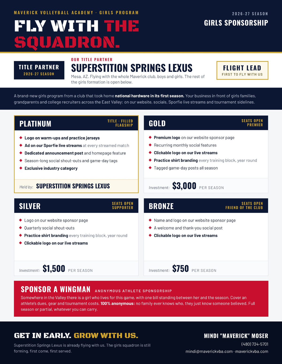 Fly With The Squadron: Maverick Volleyball Academy Girls Sponsorship, 2026-27. Title partner Superstition Springs Lexus. Gold $3,000, Silver $1,500 and Bronze $750 per season, plus Sponsor a Wingman.