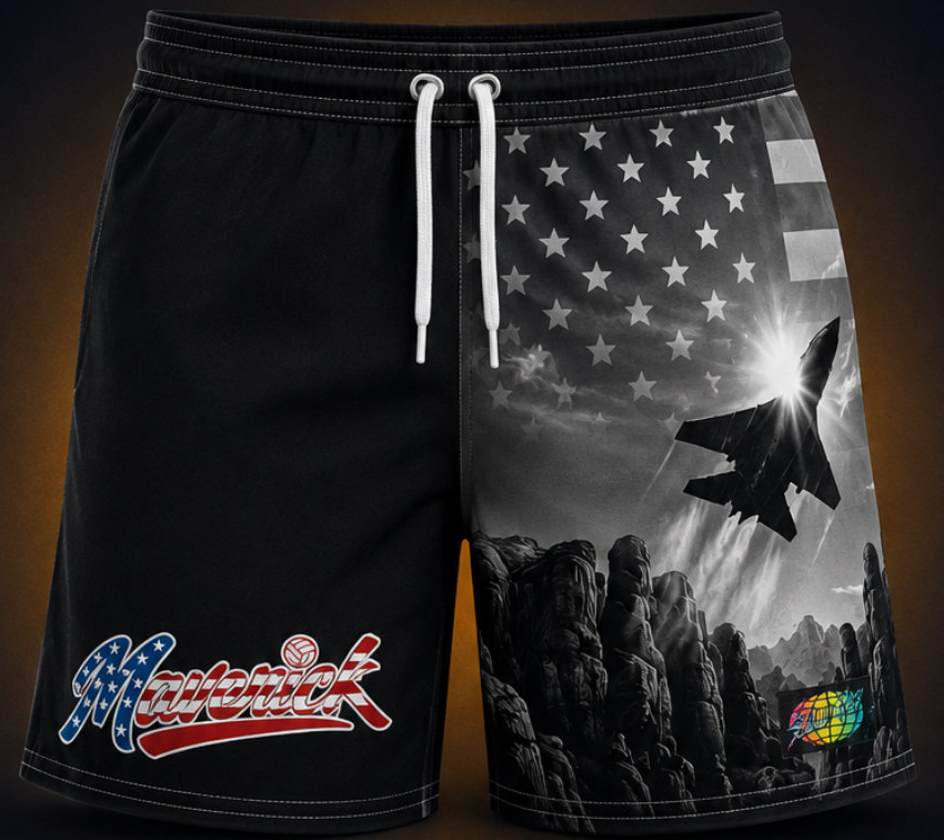 Maverick Slunks, front: Maverick script on one leg, fighter jet and flag print on the other