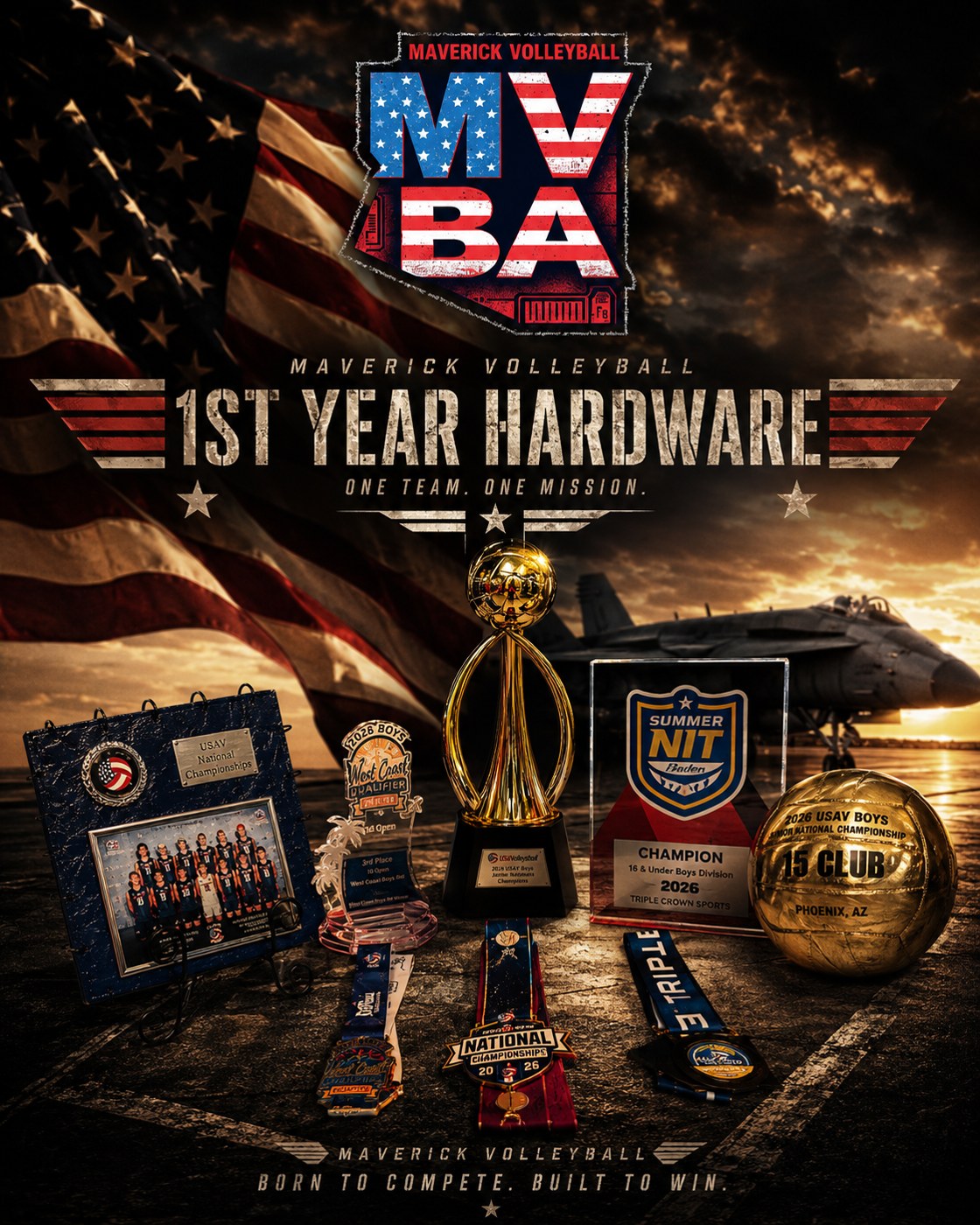 Maverick Volleyball Academy first-year hardware — USAV National Champions and Summer NIT Champions